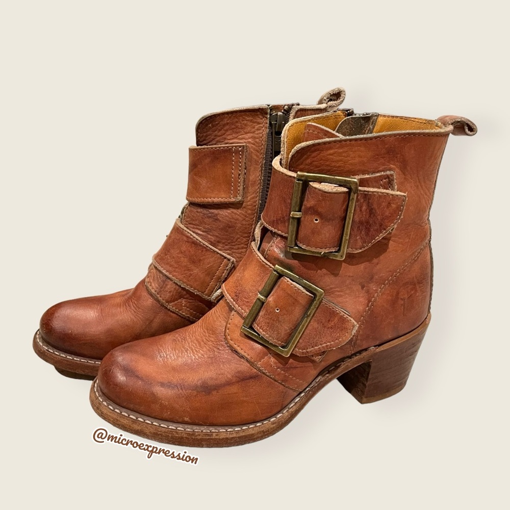 Frye Sabrina Double Buckle Academia Cognac Real Leather Block Heel Ankle Booties - Picture 8 of 14